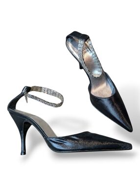 Stuart Weiztman Black D'Orsay Rhinestone Anklet Strap Stilettos Women's 5